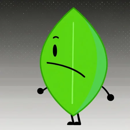 masterpiece, score_9, score_8_up, black outlines, cartoon style, minimalist design, LeaaffBfdi, full body, standing, digital art, 1girl, solo, female focus, anthropomorphic leaf, from front, standing, leaf-shaped character, no humans, black limbs, black arms, black legs, smooth green skin, bright highlights, central vein detail on leaf, dotted eyes, black eyes, cute expression, vibrant and clean colors, cheerful design, no clothing, white background