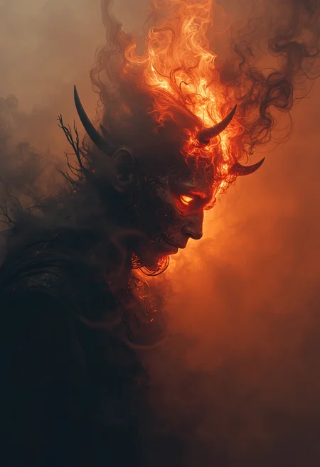 a dipiction of a fire hantu orang asli, (disintegrating and dissolving into fog and smoke:1.9), (blending form with reality:1.9). Framed in thick volumetric fog. diffused light, delicatly, whispering, eye catching masterpiece artwork. drifting fog, cracked light and scattering smoke in a dreamlike reality