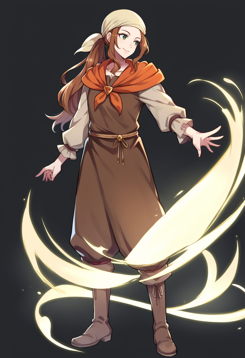 score_9, score_8_up, score_7_up, source_anime BREAK solo, 1girl, <lora:Fates-villager-maiden-pdxl_Fp-000005:1>, fatesvillagemaiden, ponytail, long hair, bandana, brown hair, green eyes, brown shirt, long sleeves, neckerchief, pants, smile, boots, <lora:feh-style-richy-v1_pdxl:1>, fehspc, full body, standing, black background, simple background, looking to the side,