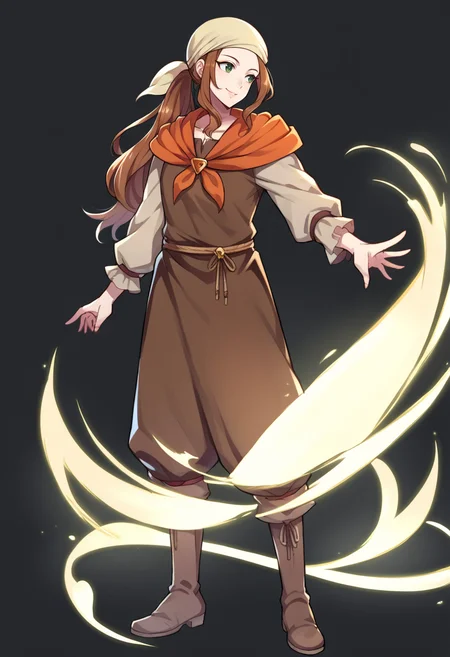 score_9, score_8_up, score_7_up, source_anime BREAK solo, 1girl, <lora:Fates-villager-maiden-pdxl_Fp-000005:1>, fatesvillagemaiden, ponytail, long hair, bandana, brown hair, green eyes, brown shirt, long sleeves, neckerchief, pants, smile, boots, <lora:feh-style-richy-v1_pdxl:1>, fehspc, full body, standing, black background, simple background, looking to the side,
