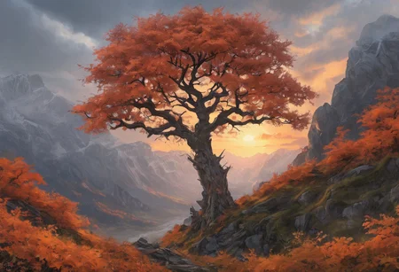 Beautiful outdoor, nature, no humans, mountain, orange sky forest, masterpiece, sharp focus, fall season, photorealistic rendering, extremely detailed description, <lora:zavy-mthcl-sdxl:0.5> <lora:Detailed_notrigger:1> <lora:Wildcard-Detail_Enhancer:1>