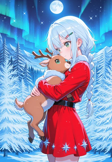 frost_glass, masterpiece, best quality, absurdres,
cute girl wearing red Christmas dress, holding small reindeer, hug, braided ponytail, sidelocks, hairclip, hair ornaments, green eyes,
(snowy forest, moonlight, Christmas trees), (sparkles, sparkling clothes), frosted, snow, aurora, moon, night,
sharp focus, highly detailed, abstract, flowing