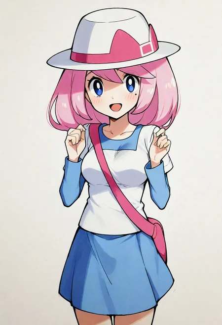 2d, masterpiece, best quality, amazing quality, 1girl, solo, close-up, standing, open mouth, smile, cowboy shot, looking at viewer, simple background, traditional media, sketch, detailed lines, manga style , pencil sketch style, soft shading, soft delicate features , bwyancy, yancy \(pokemon\), blue eyes, white pupils, pink hair, short hair, hat, white headwear, white shirt, blue skirt, layered sleeves, short over long sleeves. blue sleeves, pink bag, mole under eye