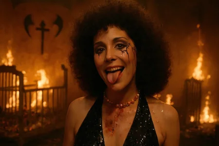 cinematic still, Gina Montana in the Scarface sequel as the Forbidden Innocent reborn as a succubus in Hell, aged but radiant Latina woman with a heart-shaped face, expressive brown eyes, and extremely voluminous 1980s curly afro, dressed in a black sequin halter dress with a plunging neckline that glimmers faintly like cursed starlight, standing motionless with head tilted and extended demonic tongue curling outward toward the viewer, her lips parted in a bittersweet smile, upper body close-up, eye-level shot, set inside a burning chapel playroom with overturned baby furniture and melted rosaries, mood of tragic seduction and corrupted innocence, soft amber spotlight from above with flickering shadows from a spinning mobile, color theme of gold-ash, pale pink, and deep black, directed by Brian De Palma, cinematography by John A. Alonzo, inspired by the visual purity of Gina’s early scenes fractured through infernal surrealism