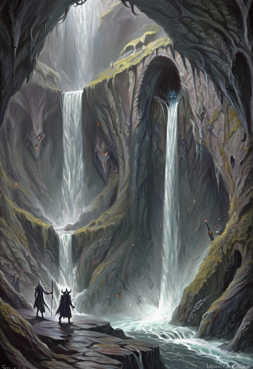 <lora:artfullyTOLK_SDXL_V1:1>, ARTTLK, character concept, dark elves, underground caverns, pointillism, waterfall, underdark,  tolkien