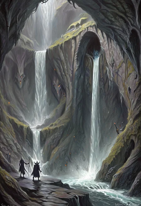 <lora:artfullyTOLK_SDXL_V1:1>, ARTTLK, character concept, dark elves, underground caverns, pointillism, waterfall, underdark,  tolkien