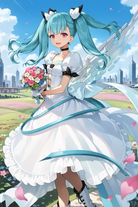 score_max, (score_9, score_8_up, score_7_up:1.2), score_6_up, official art, source_anime,
, masterpiece, absurdres, high detail, 8k,
flower field, petals, blue sky, city background, skyscraper,  cowboy shot,
standing, holding bouquet, light smile, open mouth, :d,
hibachi, hair bow, twintails, quad tails, choker, white dress, collarbone, puffy short sleeves, wings, white gloves, back bow, see-through skirt, frills, white boots, heels
<lora:XL_Pony_gomaotsu-hibachi-t3:1.1>