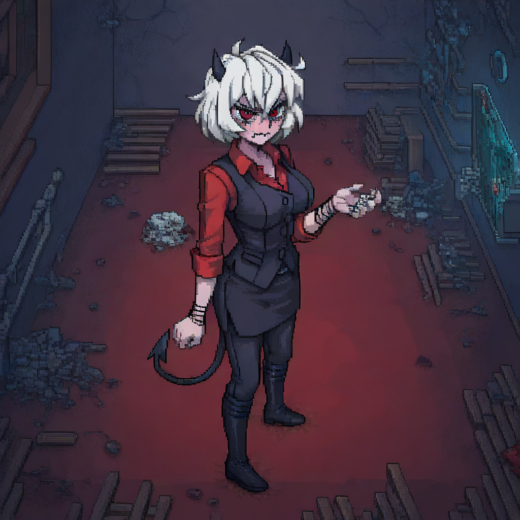 masterpiece, best quality, newest, absurdres, highres, PCSVIL-V1.0, pixel art, 1girl, malina (helltaker), demon girl, short hair, white hair, horns, demon tail,