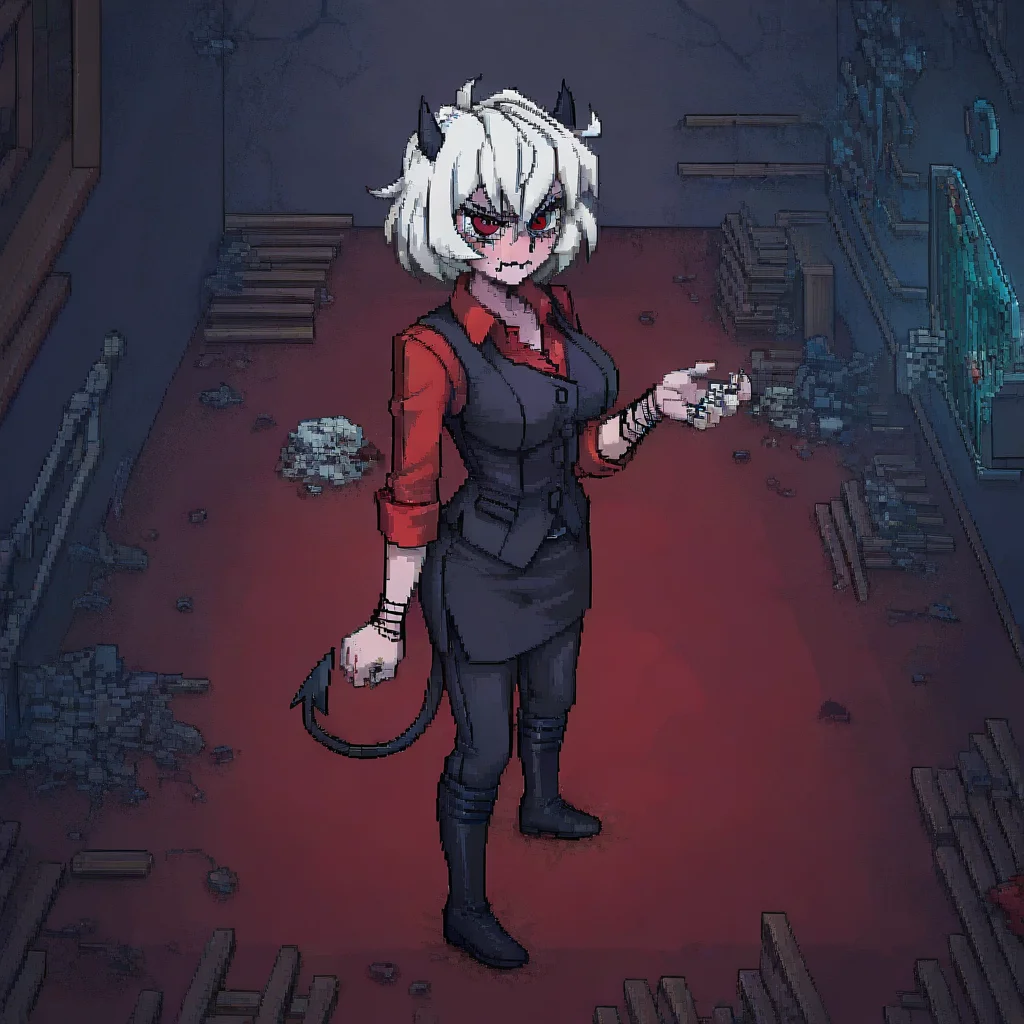 masterpiece, best quality, newest, absurdres, highres, PCSVIL-V1.0, pixel art, 1girl, malina (helltaker), demon girl, short hair, white hair, horns, demon tail,