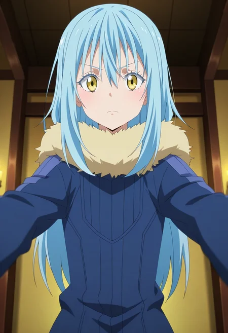 masterpiece, best quality, , anime screencap, anime coloring, , , , 1girl, solo, <lora:rimuru_tempest_ilxl:0.9>, rimuru_tempest, blue hair, yellow eyes, long hair, bangs, hair between eyes, fur trim, ,