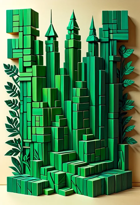 artshmll, pencil contour drawing, artfshnshtr, artxldnc
In the style of carved relief in the style of paper cutting jenga, tetris, inlay, carved relief, color blocks in shades of green , fill the page,