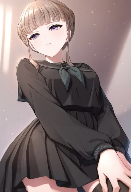 Manaka Nemu, braided hair, purple eyes, medium breasts, sidelocks, long sleeves, black skirt, black serafuku, neckerchief, black thighhighs, breast pocket,masterpiece,best quality,newest,highres,