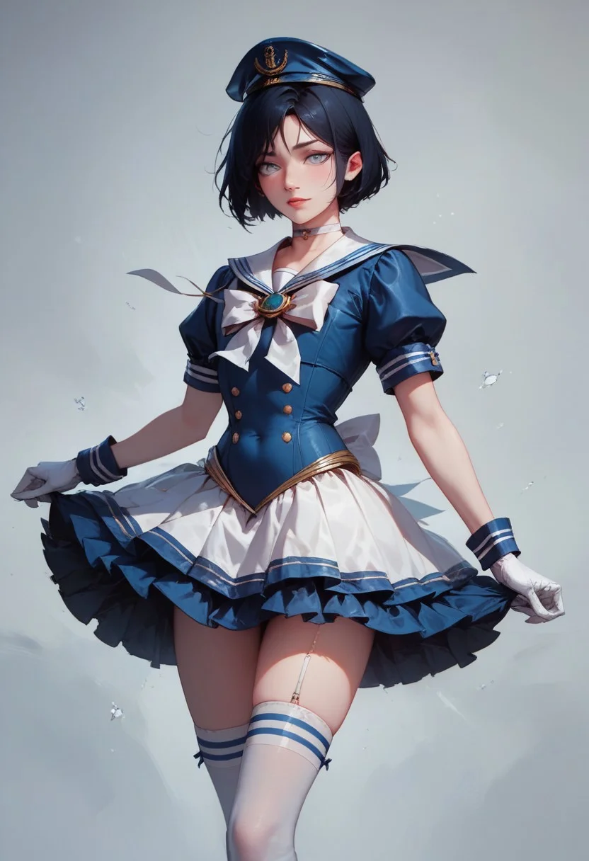 score_9, score_8_up, score_7_up, 1boy, femboy, otoko no ko, short hair, bob cut hair, black hair, grey eyes, gray eyes, feminine face, toned body, Shelly, Jed-Salr, Navy Blue Mini Dress, White Trim,  White Sailor Collar,  Nautical Stripes,  White Thigh-High Stockings, Sailor Hat,  White Gloves, Sailor Cuffs, White Petticoat, highly detailed, intricate, zzCitronCAT, pose, modelshoot, solo