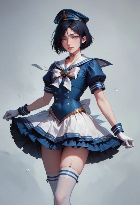 score_9, score_8_up, score_7_up, 1boy, femboy, otoko no ko, short hair, bob cut hair, black hair, grey eyes, gray eyes, feminine face, toned body, Shelly, Jed-Salr, Navy Blue Mini Dress, White Trim,  White Sailor Collar,  Nautical Stripes,  White Thigh-High Stockings, Sailor Hat,  White Gloves, Sailor Cuffs, White Petticoat, highly detailed, intricate, zzCitronCAT, pose, modelshoot, solo