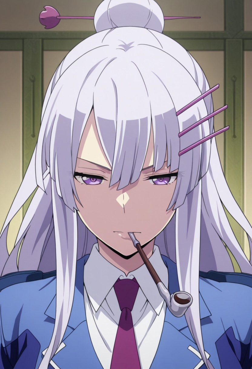 masterpiece,best quality,amazing quality, source_anime, 
Froleytia, 1girl, solo, purple eyes, purple hair, long hair, hair ornament, single hair bun, hair stick, uniform, shirt, white shirt, collared shirt, necktie, purple necktie, jacket, blue jacket, kiseru, smoking pipe, smoking,
indoor,