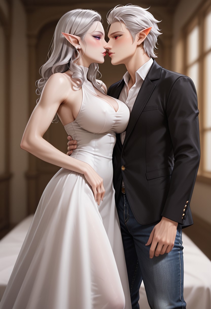 score_9_up, score_8_up, score_7_up, masterpiece, absurdres, raytracing, ambient occlusion, dynamic, cinematic, depth of field,8K,illustration, shiny hair,clear skin,ultra-detailed-eyes, (perfectly shaped lips:1.3), ((ultra-detailed faces:1.3)),(((tenderly kissing lips, half lidded eyes, blushing))), ((duo:1.2)), (((1woman, pointy ears, purple eyes, long straight silver hair, pale skin, large breasts))), ((the woman wears a future0702,dress,high heels,)), (((Astarion, 1man, pointy ears, red eyes, white hair, medium length, semi curls perfectly styled hair, with a single charming loose strand over the right side of his forehead, sharp jawline, graceful male face features, little forehead wrinkles, extremely pale skin, toned body, tall))), ((the man is tall and muscular, wearing a  white shirt and black jacket, denim pants, and combat boots)), Idyllic forest background, sunset