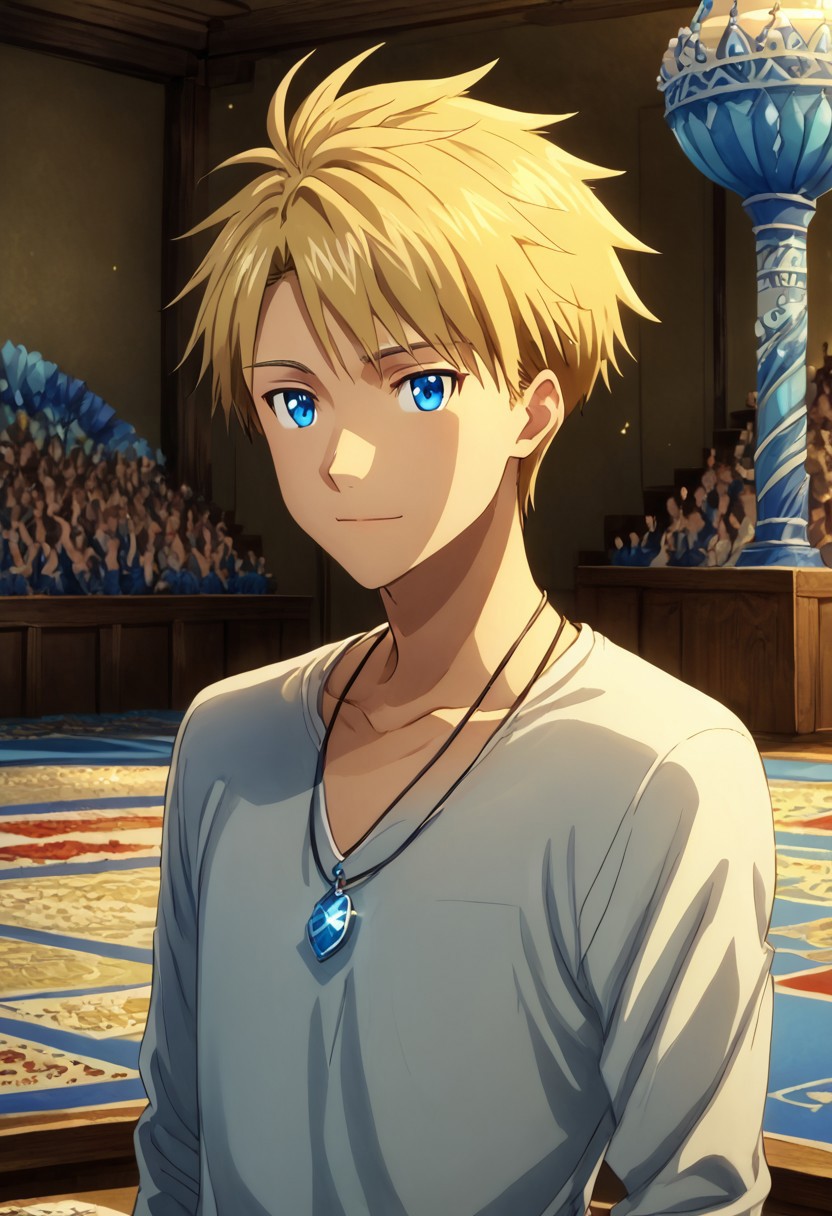 high resolution, solo, best quality, 1Boy, Yamato Ishida, Blonde Hair, Blue Eyes, Necklace, Attending a wedding, ceremony, love, joy,
