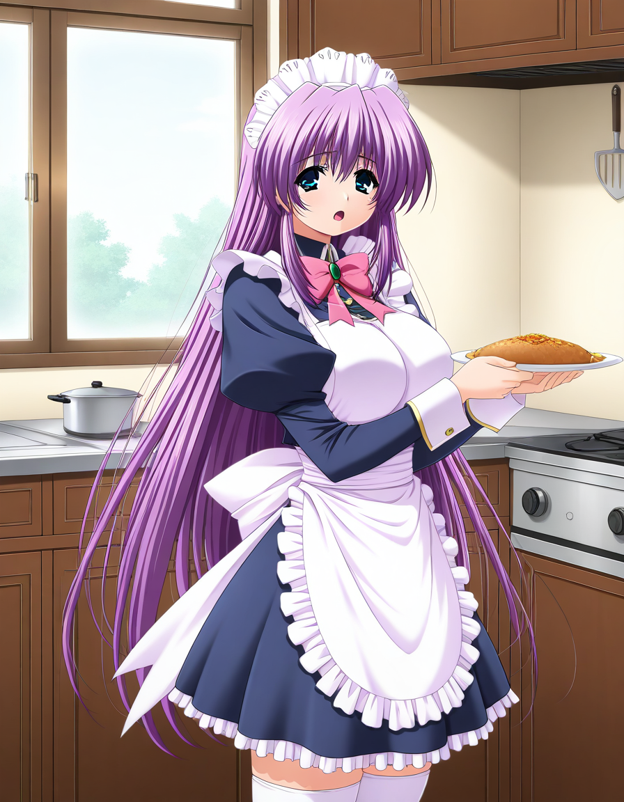 general,highres, ultra-detailed,very aesthetic,best quality ,best hands,  BREAK <lora:Mikado_Shizuru_IS:1> Mikado_Shizuru, 1girl, purple hair, long hair, blue eyes, maid, large breasts, maid headdress, apron, frills, 
solo, thighhighs, zettai ryouiki, window, plate, bow, indoors, open mouth, white thighhighs, kitchen, food, 
pink bow, holding, puffy sleeves, looking at viewer, ribbon, standing,
kitchen,