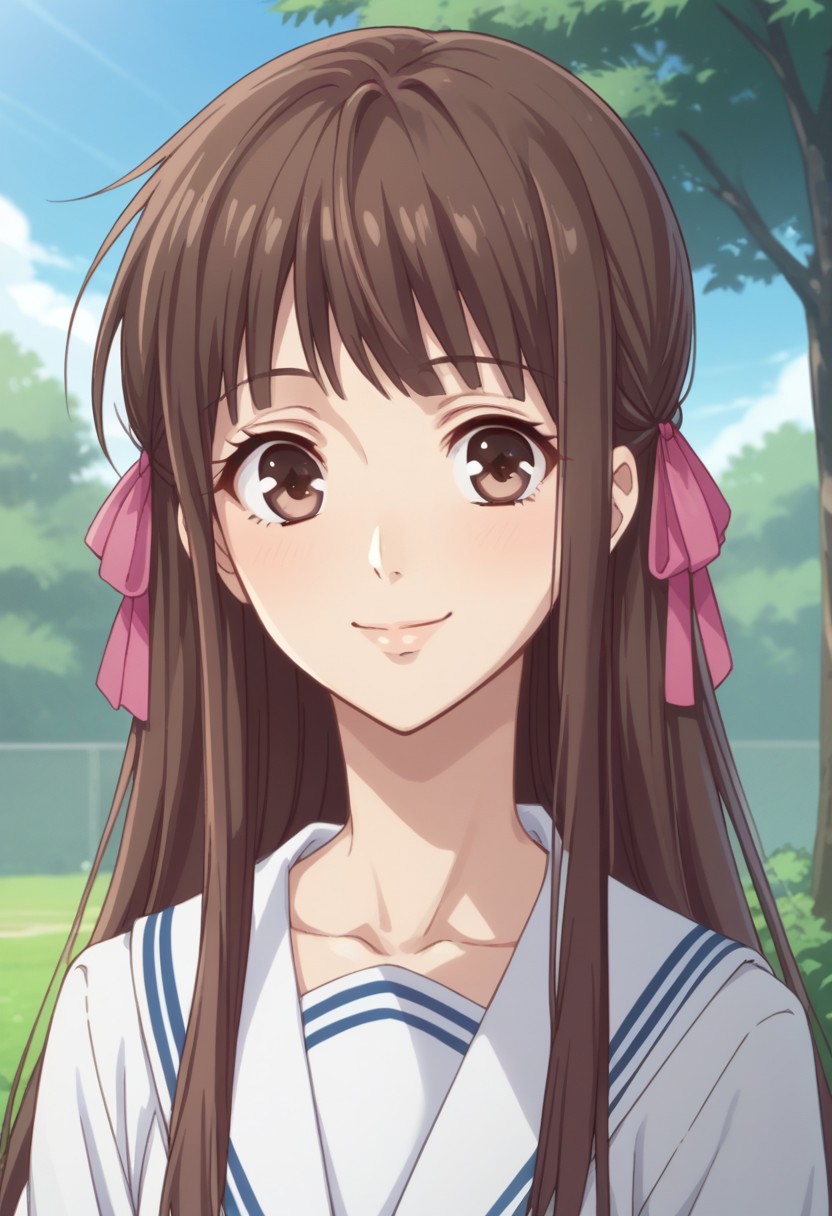 score_8_up, score_7_up, source_anime, highly detailed, 
1girl, solo, school uniform, brown hair, long hair, brown eyes, ribbon, smile, serafuku, hair ribbon, upper body, 
outdoor, sky, tree
