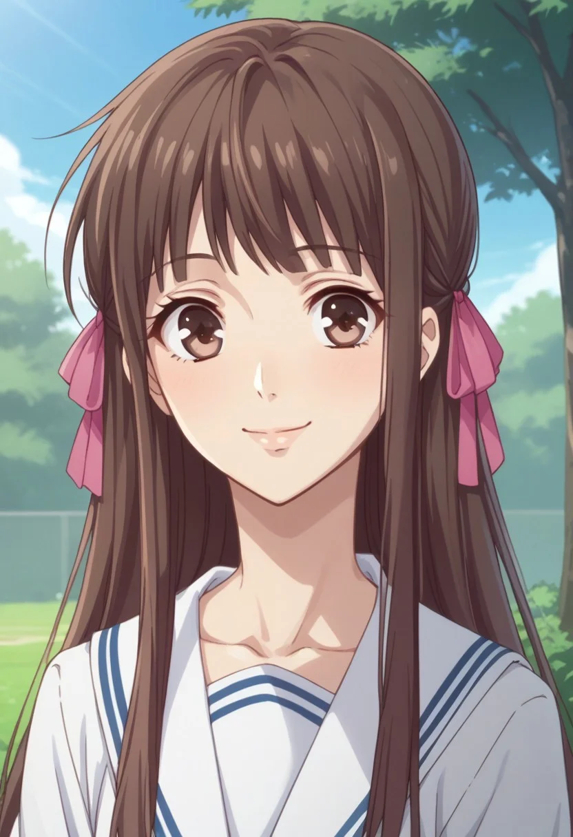score_8_up, score_7_up, source_anime, highly detailed, 
1girl, solo, school uniform, brown hair, long hair, brown eyes, ribbon, smile, serafuku, hair ribbon, upper body, 
outdoor, sky, tree