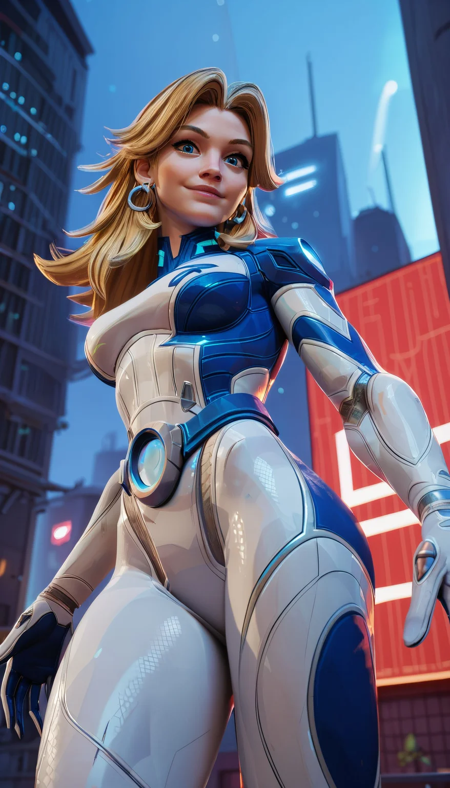 zPDXL3, <lora:InvisibleWomanMR:.7>,
invsblwmnmr, woman, long blonde hair,blue eyes, medium breasts,white bodysuit, earrings, looking at viewer, smiling, standing, from below, outside, city, neon lighting, night time,