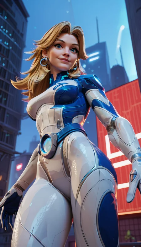 zPDXL3, <lora:InvisibleWomanMR:.7>,
invsblwmnmr, woman, long blonde hair,blue eyes, medium breasts,white bodysuit, earrings, looking at viewer, smiling, standing, from below, outside, city, neon lighting, night time,