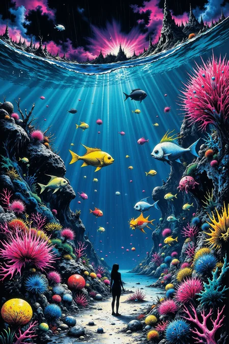 a school of fish next to a coral reef beautiful anime landscape, rain and storm, woman, very intricate, very detailed, sharp, bright, colorful, <lora:Hand v2:0.5> <lora:Anti-Blur:1><lora:Insane Detail Slider:0.25> <lora:flux.1_lora_flyway_Epic-detail_v2:0.3> <lora:fluxenhancer:0.25> <lora:ROWER:0.6> <lora:flux-charmer-v1-1:0.4> <lora:Crazy_Horror:1> cr3z1h0rr0r