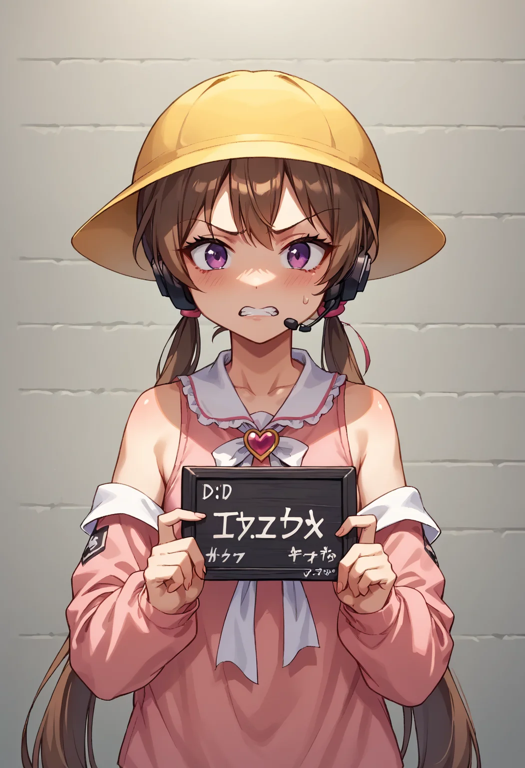 score_9, score_8_up, score_7_up, source_anime, BREAK
<lora:TsukiyomiAi_MMD_Pony_V1:0.83> Tsukiyomi_Ai, Purple Eyes, brown hair, very long hair, low twintails, bangs, pink hair ribbon, headset, school hat, yellow hat,
White neck ribbon, kindergarten uniform, collared dress, frilled collar, pink dress, Heart Brooch, short dress, Sleeveless dress, Heart name tag,
(off Shoulder), collarbone, sleeves past fingers, pink sleeves,
(upper body),
1 girl, solo, flat chest, angry, clenched teeth, furious, watery eyes,
<lora:mugshot_pony:1>(mugshot, holding sign, mugshot wall, Dim lighting)