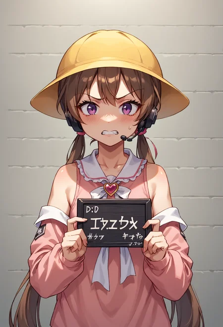 score_9, score_8_up, score_7_up, source_anime, BREAK
<lora:TsukiyomiAi_MMD_Pony_V1:0.83> Tsukiyomi_Ai, Purple Eyes, brown hair, very long hair, low twintails, bangs, pink hair ribbon, headset, school hat, yellow hat,
White neck ribbon, kindergarten uniform, collared dress, frilled collar, pink dress, Heart Brooch, short dress, Sleeveless dress, Heart name tag,
(off Shoulder), collarbone, sleeves past fingers, pink sleeves,
(upper body),
1 girl, solo, flat chest, angry, clenched teeth, furious, watery eyes,
<lora:mugshot_pony:1>(mugshot, holding sign, mugshot wall, Dim lighting)