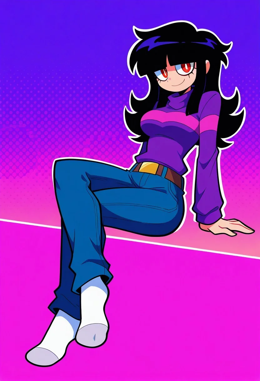 masterpiece, best quality, highres, BREAK, 1girl, solo, sarah henderson, red eyes, white pupils, black hair, long hair, blunt bangs, medium breasts, purple striped sweater, belt, jeans, socks, looking at viewer, smile, sitting, leaning back, crossed legs, full body, abstract background