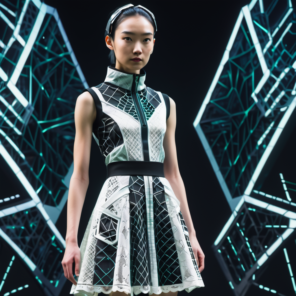 full body clothing, Plunging Neckline, Graphene Composite, Reticulated Pattern, Lace, Sleeveless, Knee Length, Natural Waist, A-Line Skirt,  Pockets,  , cyberspace,sci-fi, tech,<lora:DonMCyb3rSp4c3XL-000010:0.85>