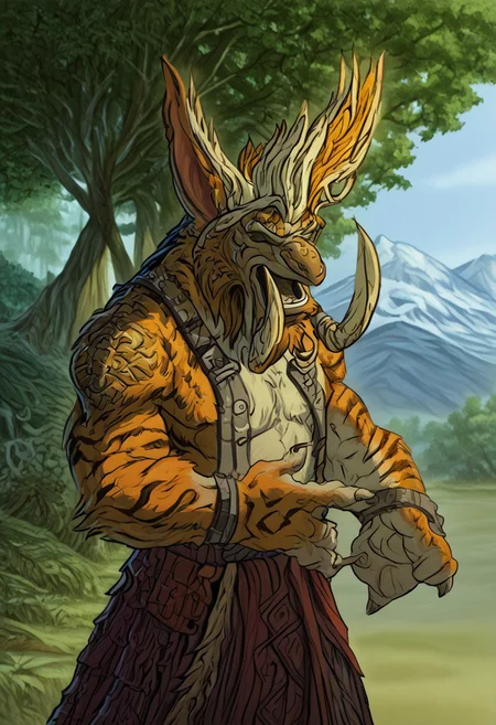 solo, trolls, Alphonse Mucha Style page, Akaburstyle, mythp0rt, sinozick style, forest dragon, dragon, furry dragon, large pointed ears, large nose, fangs, tusks, zandalari_wow, anthro, furry, furry male, moose, tiger, white stripes, orange fur, silly, laughing, mountaintop, himalayan mountains, standing, pointing