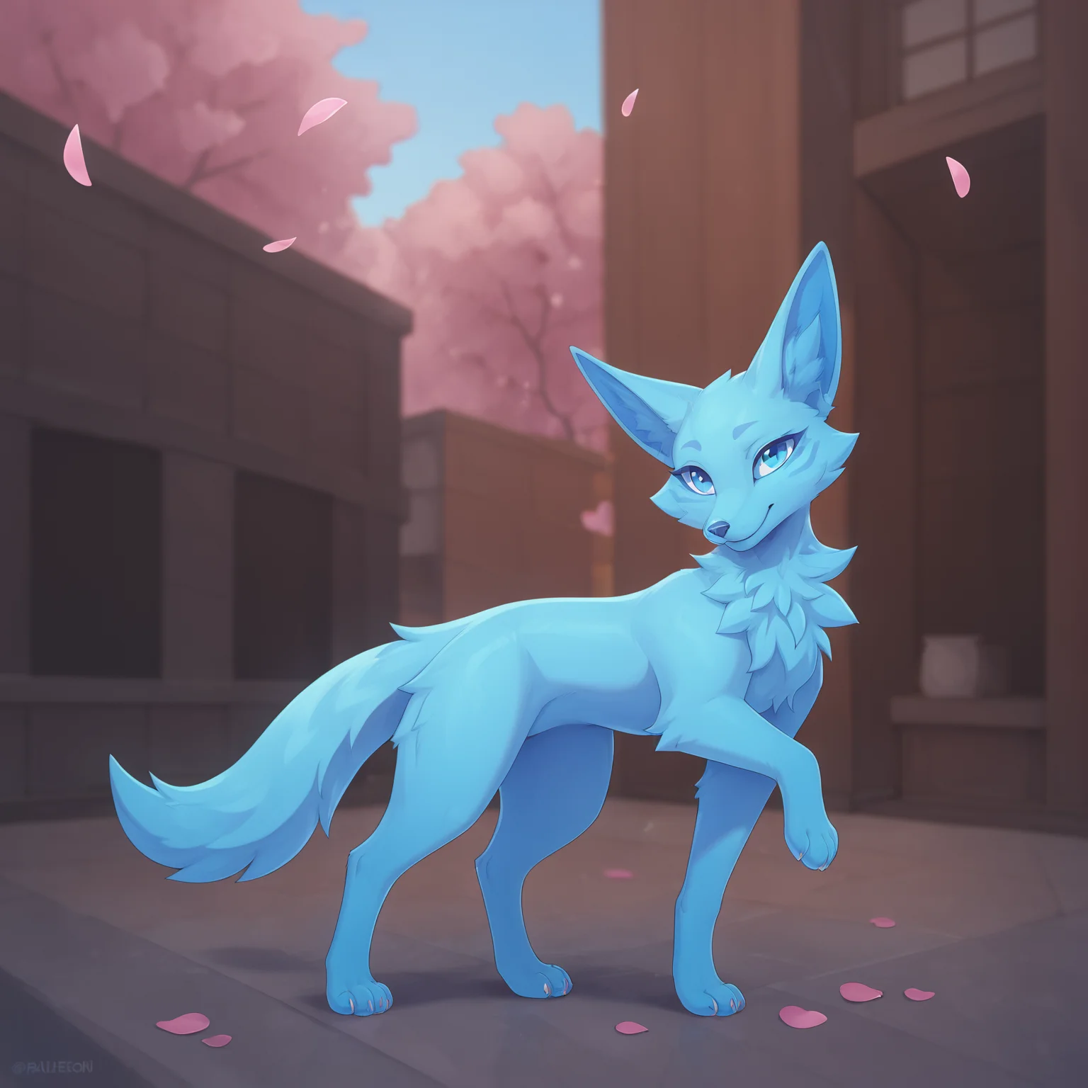 <lora:Kitsune-PONY:0.8> kitsuneow, blue body, blue eyes, female, feral, solo, furry, standing, running, falling petals, facing viewer, score_9, score_8_up
