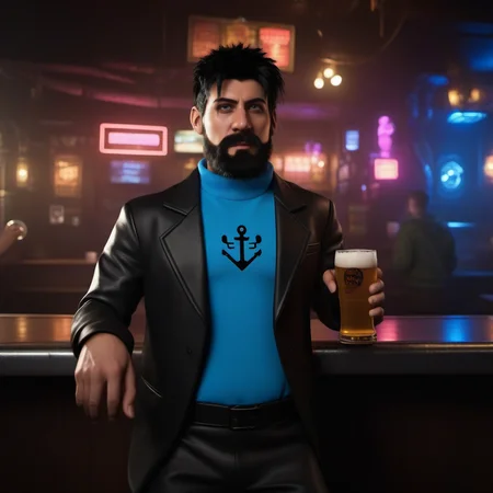 cinematic photo full body portrait robotic man , black cyberpunk hair, blue anchor technology shirt with neon lights, black alien technology jacket armored, blush, black alien technology pants, facial hair, having a beer in cyberpunk tavern<lora:Haddock1024:0.8> . 35mm photograph, film, bokeh, professional, 4k, highly detailed