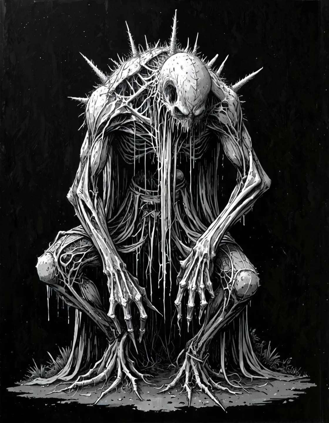 score_9, score_8_up, score_7_up, mm-style, monochrome, black background,(eldritch abomination, cactus monster ), spikes, tattered clothing, horror, dark fantasy, full body,cactus in a pot, <lora:Monochrome_Monsters_Pony:0.8>
