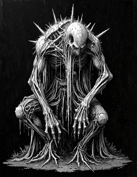 score_9, score_8_up, score_7_up, mm-style, monochrome, black background,(eldritch abomination, cactus monster ), spikes, tattered clothing, horror, dark fantasy, full body,cactus in a pot, <lora:Monochrome_Monsters_Pony:0.8>