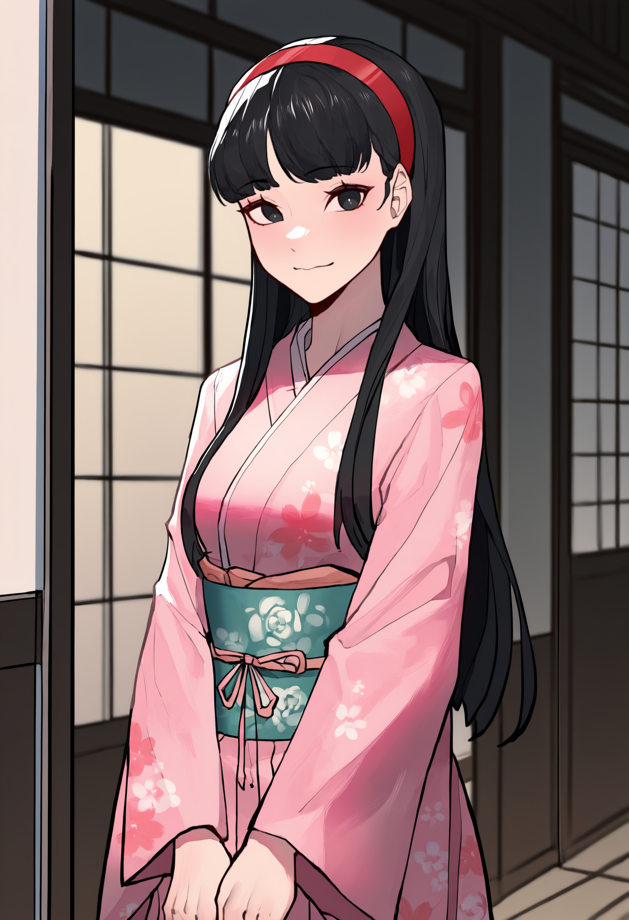 masterpiece, best quality, newest, anime, solo, 1girl, yuk1kokimono, slight smile, looking at viewer, standing, v arms, long hair, black hair, red hairband, black eyes, japanese clothes, pink kimono, floral print kimono, long sleeves, sash, obi, indoors, east asian architecture, sliding doors
<segment:yolo-Anzhc Face seg 640 v3 y11n.pt,0.4,1//cid=11>