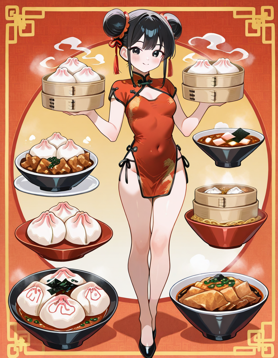 score_9, score_8_up, score_7_up, anime, solo, 1girl, one girl, 
Black hair, (chest length hair:1.2), Straight Hair, bangs, one tucked behind ear, black eyes, feature large highlight, feature double highlights, shaped eyeblow, 
sensitive,
<lora:Multiple_Object_Background-000006:1>, Multiple Object Background, 
1girl, chinese clothes, double bun, food, hair bun, china dress, dress, solo, black hair, red dress, baozi, steam, black eyes, black footwear, looking at viewer, full body, standing, short sleeves, blush, bamboo steamer, holding, bangs, bowl, covered navel, smile, breasts, panties, dumpling, side-tie panties, underwear
(masterpiece:1.3), best quality, high resolution, unity 8k wallpaper, (illustration:1.2), 8K,