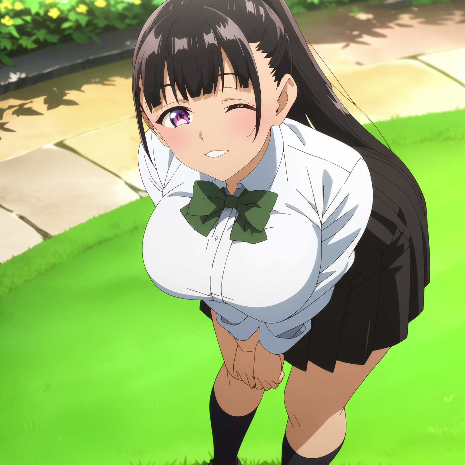 <lora:YuiTachibanaXL001>,<lora:bold-16oa:-0.5>,
masterpiece,best quality,ultra-detailed,8K,best illustration,very aesthetic,absurdres,anime screencap,official art,
looking at viewer,smile,parted lips,full body,standing,leaning_forward,v arms,one eye closed,
solo,
YuiTachibana,1girl,black hair,ponytail,purple eyes,large breasts,
white shirt,green bowtie,
pleated skirt,black skirt,
black socks,loafers,
outdoors,lawn,
