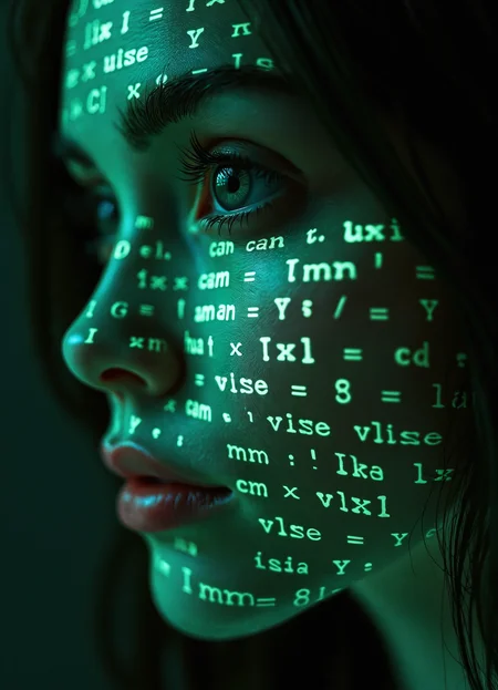 Close-up of woman's face, glowing green holographic equations projected onto skin. Intense gaze, realistic features. Dark background, cyberpunk aesthetic. Luminous mathematical formulas, handwritten style. Futuristic, high-tech atmosphere. Photorealistic rendering, dramatic lighting, sharp contrast