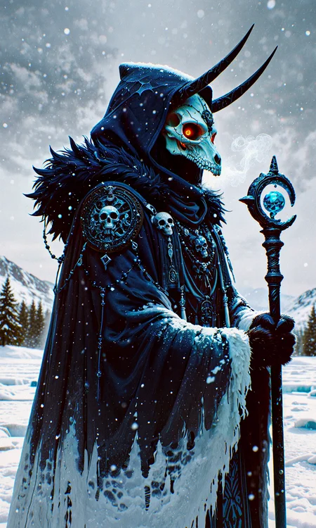 masterpiece, best quality, amazing quality, very aesthetic, absurdres, newest
extreme close-up, upper body, side view
mysterious shaman warrior, wearing an ornate animal skull mask with large black horns, intricate engravings on the bone
dark blue hood draped over shoulders, heavy fur cloak dusted with snow, cold breath visible in the air, holding staff
icy fjord, snow-covered mountains, overcast sky, freezing atmosphere, glitch shapes, surreal
moody and diffused, soft cold highlights, subtle shadows, atmospheric depth
wtfisthis, 748cmstyle <lora:spo_sdxl_10ep_4k-data_lora_webui:0.8> <lora:reij-detaILer v2:0.4> <lora:748cmSDXL:0.3> <lora:Wtf-is-this-LoRA:1>