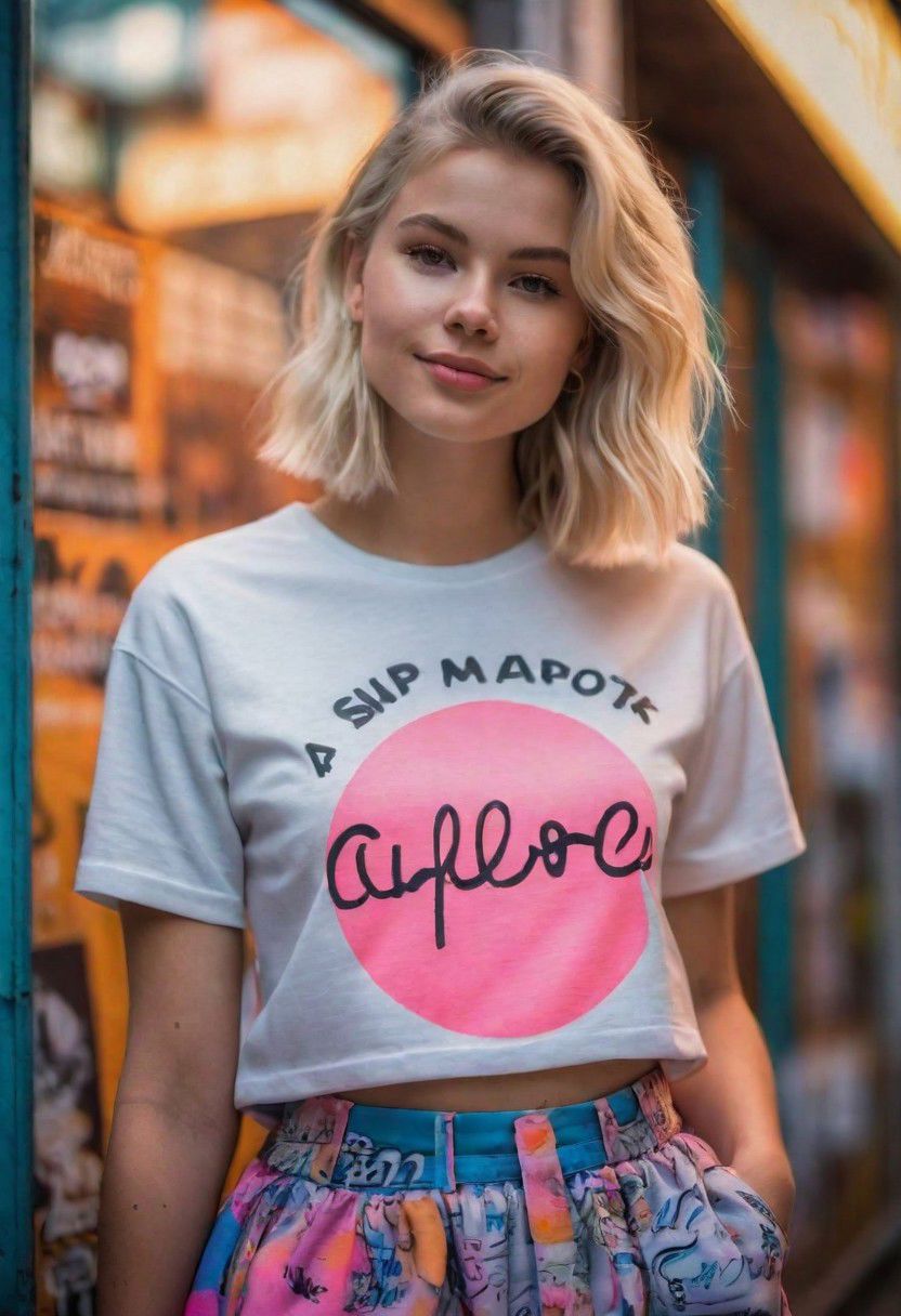 woman wearing graffiti print oversized tee, neon circle skirt, 80s style neon-lit signs, Vibrant signs advertising various shops and attractions,
