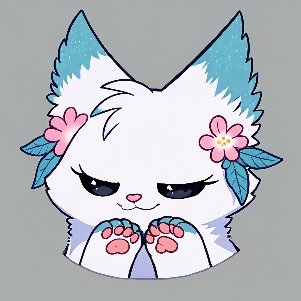 Minto, white fur, black sclera, black eyes, pink nose, paws, tail, turquoise edges at the ears