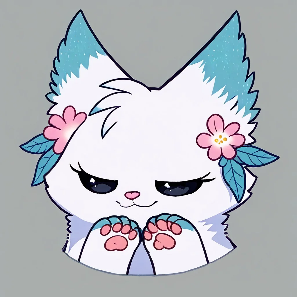 Minto, white fur, black sclera, black eyes, pink nose, paws, tail, turquoise edges at the ears