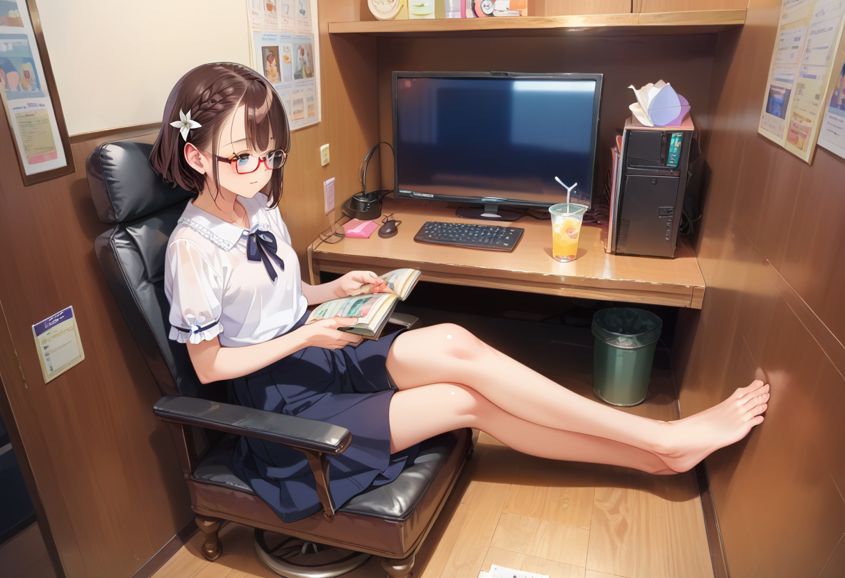 score_9, score_8_up, score_7_up, rating_safe, masterpiece, best quality, absurdres, unity 8k wallpaper, official art, official style, source_anime, uncensored, game cg, megami magazine,
necafe, scenery, 1girl, glasses, solo, brown hair, sitting, reading, indoors, chair, drinking straw, book, cup, computer, braid, drink, barefoot, short hair, crossed legs, skirt, desk, monitor
<lora:NetCafe_PONY_V1:1>