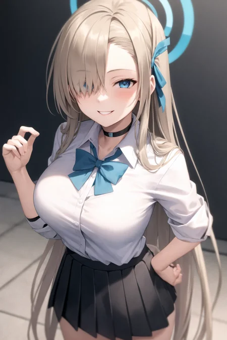 1girl, asuna, blue eyes, long hair, halo, hair over one eye
school uniform, white shirt, sleeves rolled up, black choker, black skirt, blue bowtie
large breasts, unbuttoned shirt
hand on hip, smile, from above, very long hair
<lora:AsunaBA-07:1>