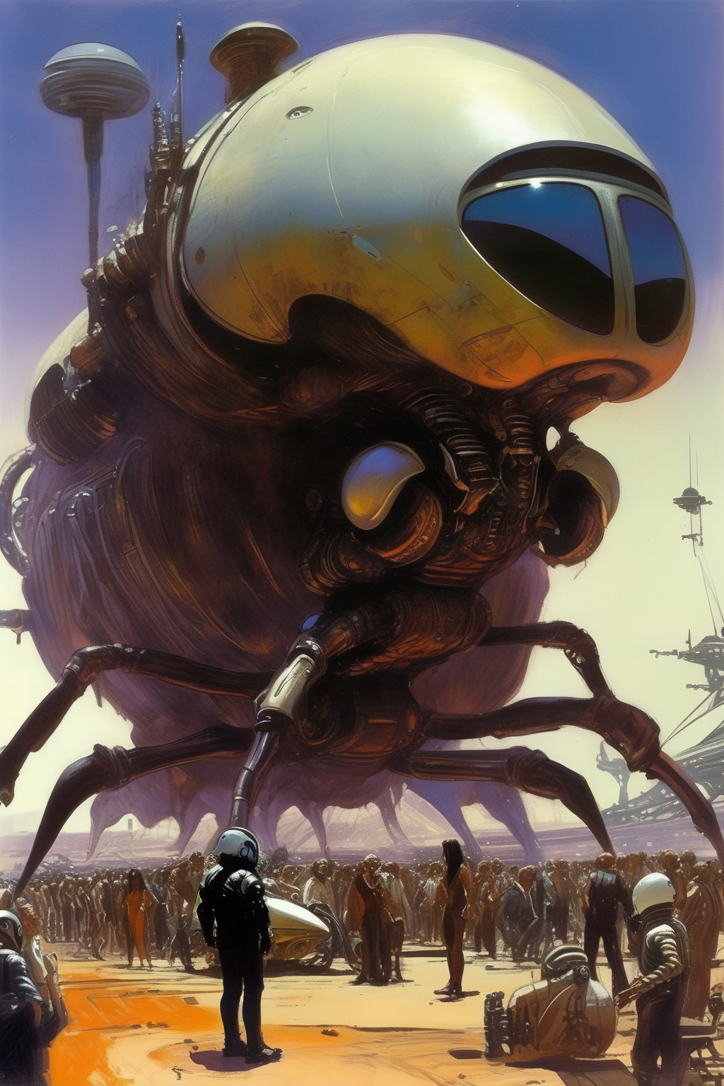 <lora:Stephan Martiniere Style:1>Stephan Martiniere Style - crazy beetle ghoul sketchy oil painting howling at a spaceship junkyard steampunk environment on another planet with hundreds of people syd mead
