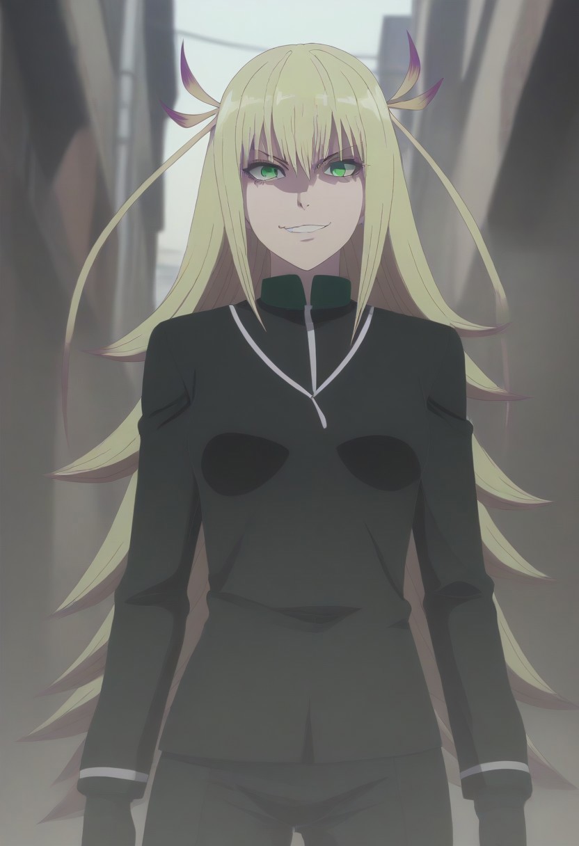 <lora:SlimesKanonIsui:1>, slimes_kanonisui, woman, solo, green eyes, alley background, evil smirk