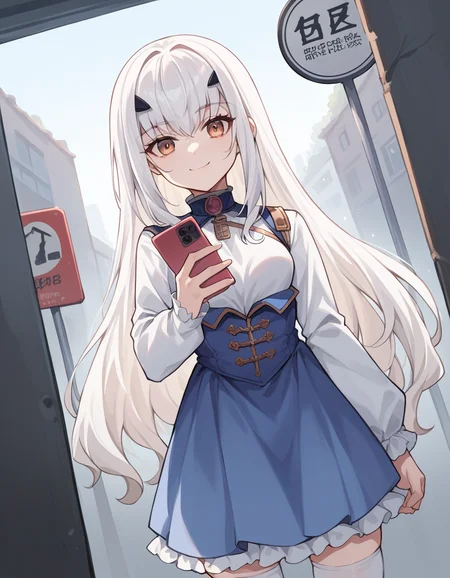 score_9, score_8_up, score_7_up, source_anime, <lora:fgo-melusine-ponyxl-lora-nochekaiser:1>, melusine, brown eyes, long hair, white hair, sidelocks,, blue dress, dress, frills, long sleeves, thighhighs, thighs, white thighhighs,, bus stop, waiting, commuter, smartphone, checking time, cold morning, smile, looking at viewer, arm holding a phone, solo,, cowboy shot, dutch angle
