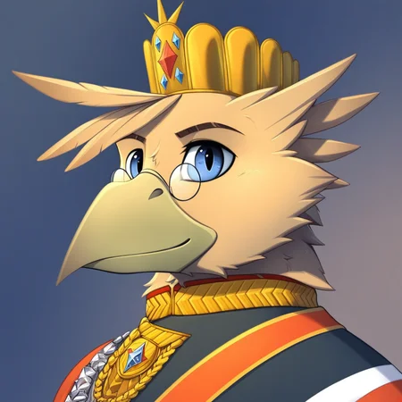 masterpiece, score_9_up, score_8_up, score_7_up, score_6_up, (best quality:1.1), ultra-detailed, high resolution, solo, Grover VI, Kaiser, griffon, anthro, avian, beak, male, eyebrows, blue eyes, feathers, feathery ears, smile, looking at viewer, small round glasses, royal clothes, kaiser crown, detailed facial features, portrait, upper body, expressiveh, simple background, highly visible, sharp focus, anatomically correct